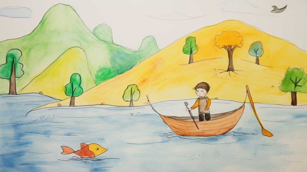Рыбак в лодке на озере - Детские рисунки карандашом